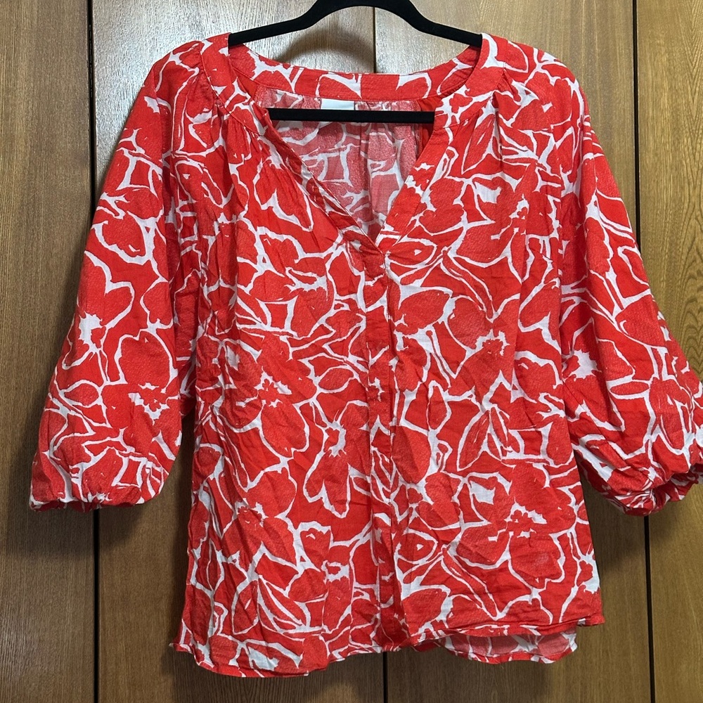 Sonoma Red and White Floral V-Neck Blouse plus
